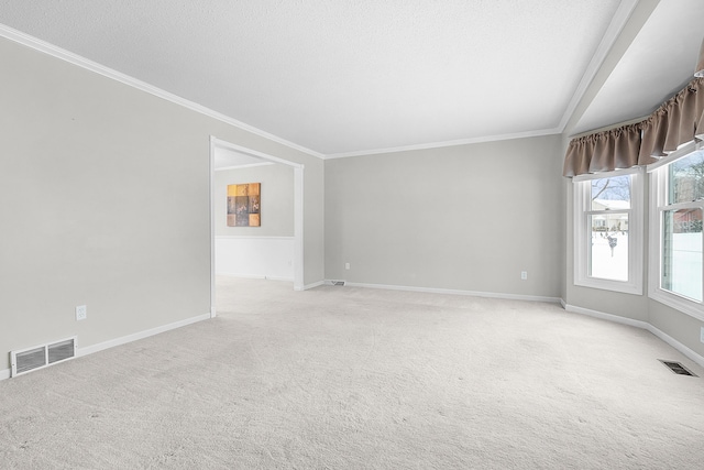 empty room with light colored carpet and ornamental molding