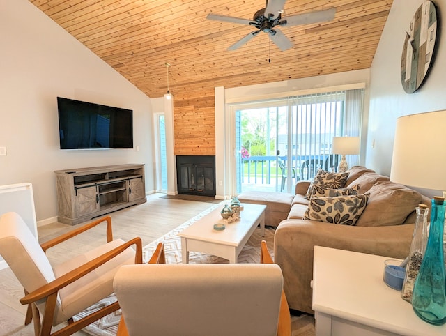 living room with light hardwood / wood-style floors, high vaulted ceiling, ceiling fan, and wooden ceiling