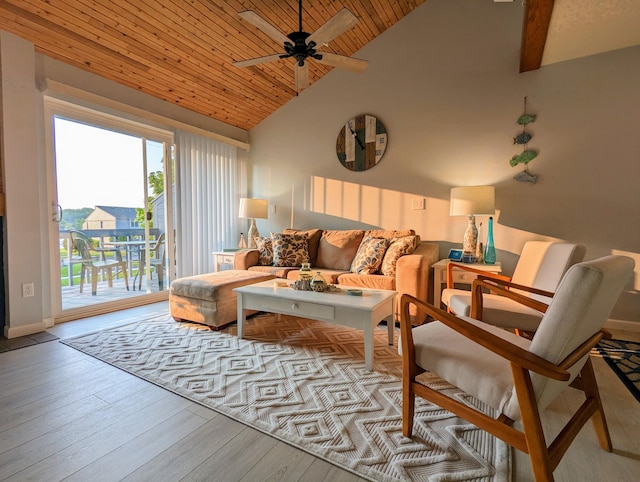 living room with ceiling fan, light wood-type flooring, wooden ceiling, and high vaulted ceiling