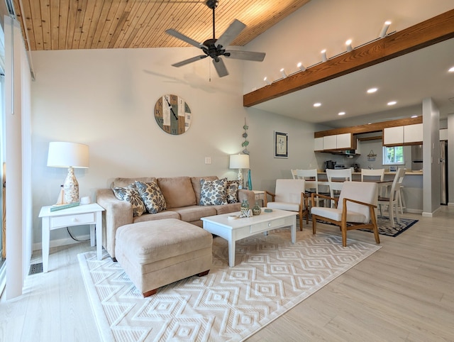 living room with ceiling fan, light wood-type flooring, wood ceiling, and lofted ceiling