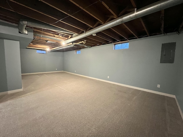 basement featuring electric panel and carpet