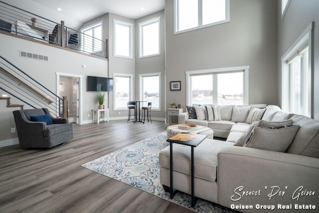 living room featuring a high ceiling and wood-type flooring