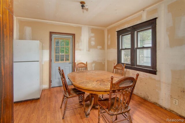 dining room with light hardwood / wood-style flooring and crown molding