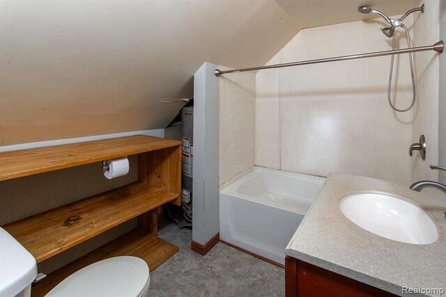 full bathroom with vanity, toilet, shower / bath combination, and vaulted ceiling