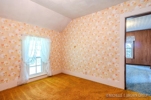 carpeted empty room with vaulted ceiling