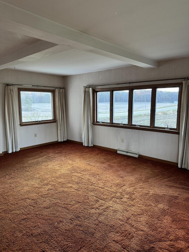 empty room with a water view, a wealth of natural light, a baseboard radiator, and dark colored carpet