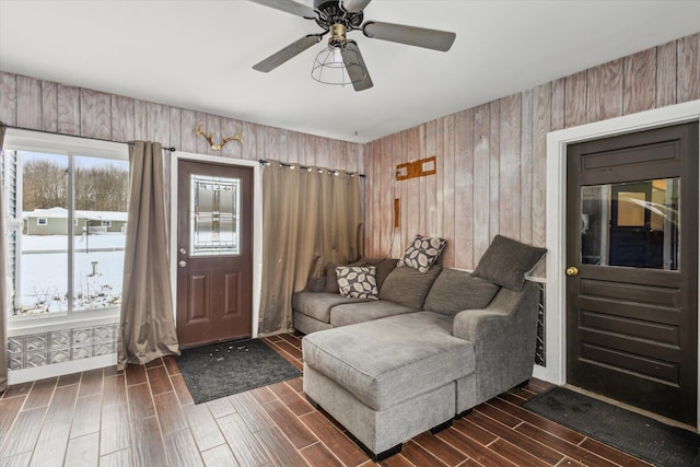 interior space featuring ceiling fan