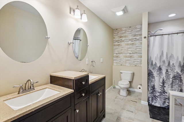 bathroom with walk in shower, vanity, and toilet