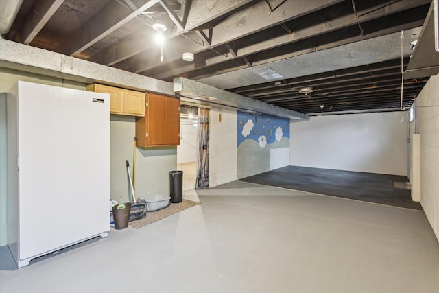 basement with white fridge