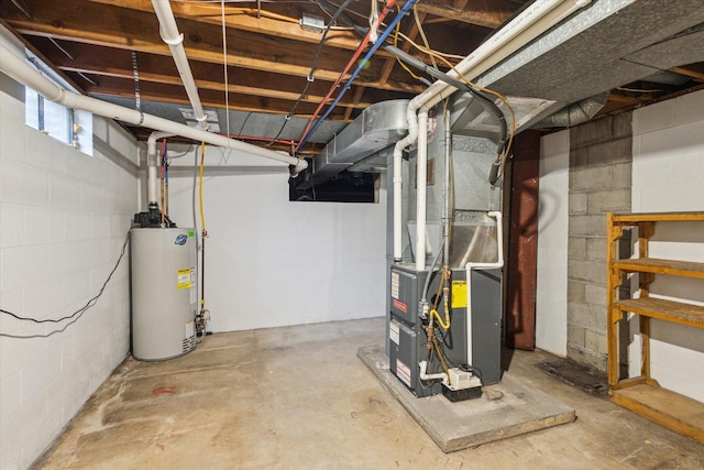 basement featuring heating unit and water heater