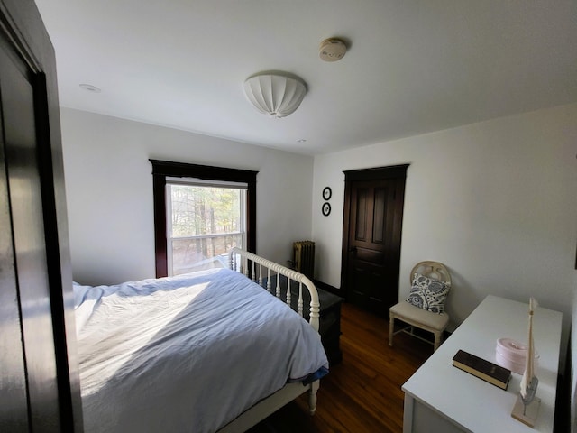 bedroom featuring radiator and dark hardwood / wood-style floors