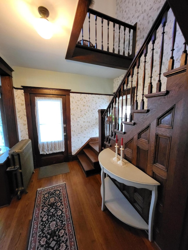 foyer featuring dark hardwood / wood-style floors and radiator