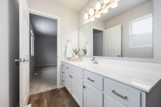 bathroom featuring hardwood / wood-style flooring and vanity