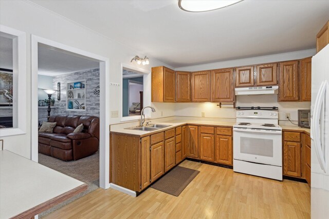 kitchen with white electric range oven, light wood-type flooring, and sink