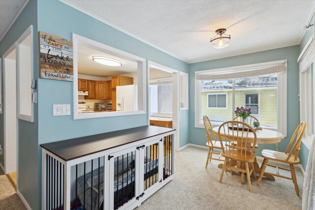 dining room with light colored carpet and a textured ceiling