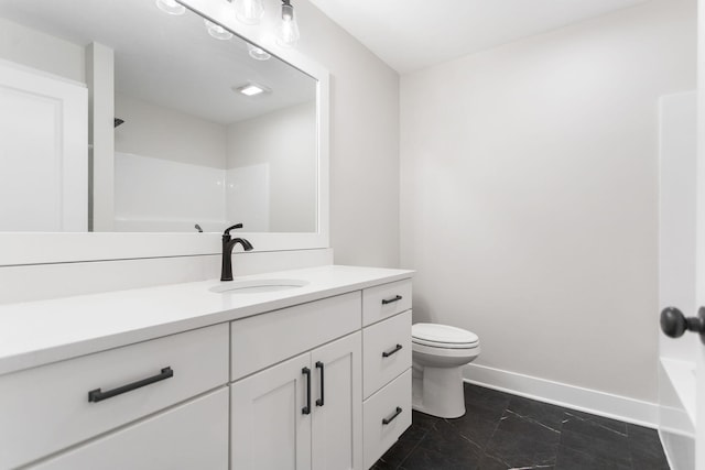 bathroom with a shower, tile patterned flooring, vanity, and toilet