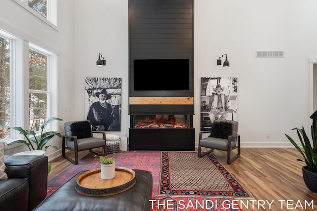 living room featuring a large fireplace and hardwood / wood-style floors