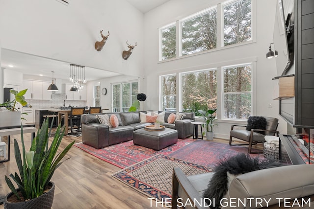 living room with a high ceiling and light wood-type flooring