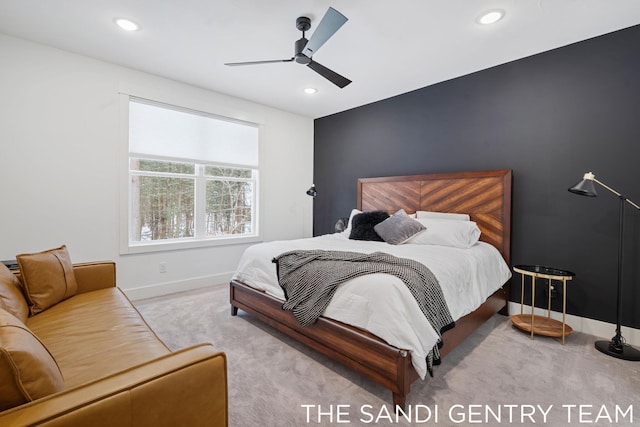 carpeted bedroom featuring ceiling fan