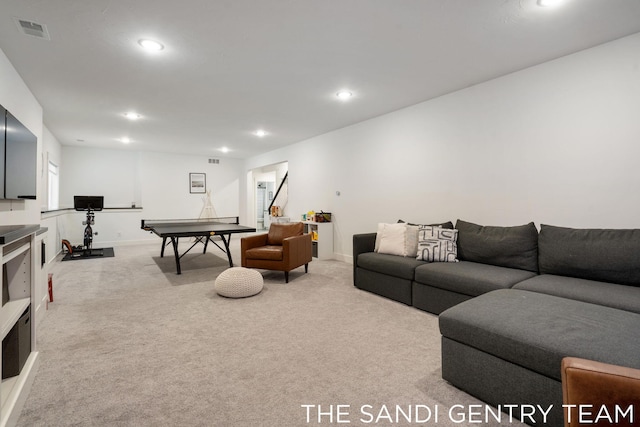 16500 Haven Woods Ct, West Olive, MI 49460 - living area featuring carpet flooring, recessed lighting, and stairway