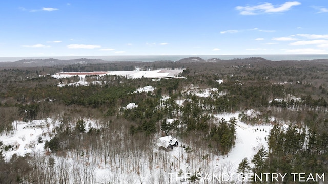 snowy aerial view with a mountain view