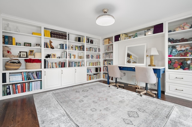 office featuring dark wood-type flooring and built in study area