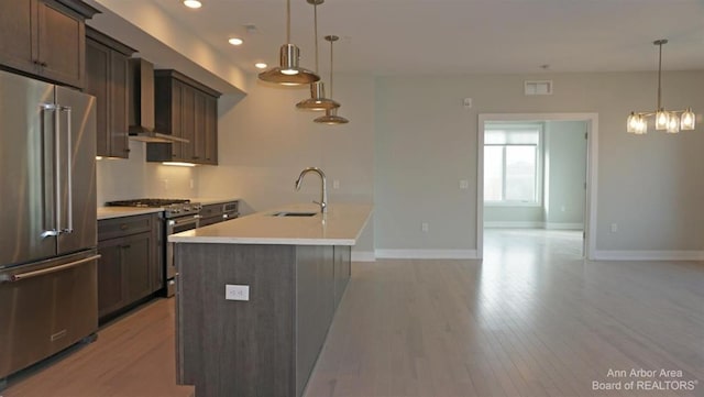 kitchen featuring a center island with sink, pendant lighting, high end appliances, and sink