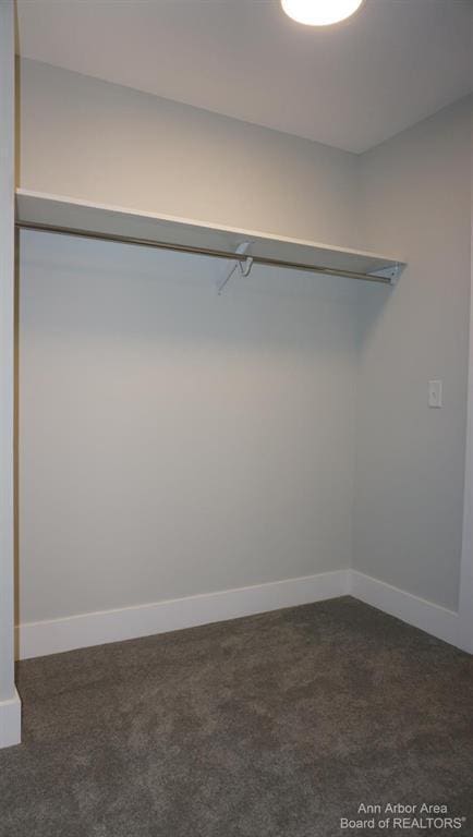 walk in closet featuring dark carpet