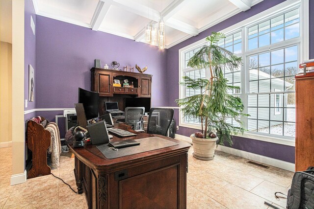 tiled home office featuring beam ceiling, an inviting chandelier, crown molding, and coffered ceiling