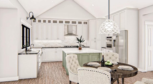 kitchen with tasteful backsplash, wall chimney exhaust hood, pendant lighting, stainless steel fridge with ice dispenser, and a center island