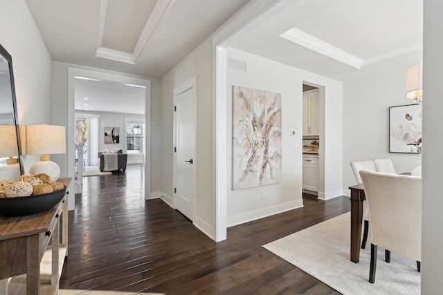 hall with dark hardwood / wood-style flooring and a raised ceiling