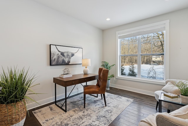 home office featuring dark hardwood / wood-style floors and a healthy amount of sunlight