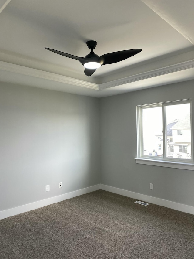 empty room featuring carpet flooring, a tray ceiling, and ceiling fan