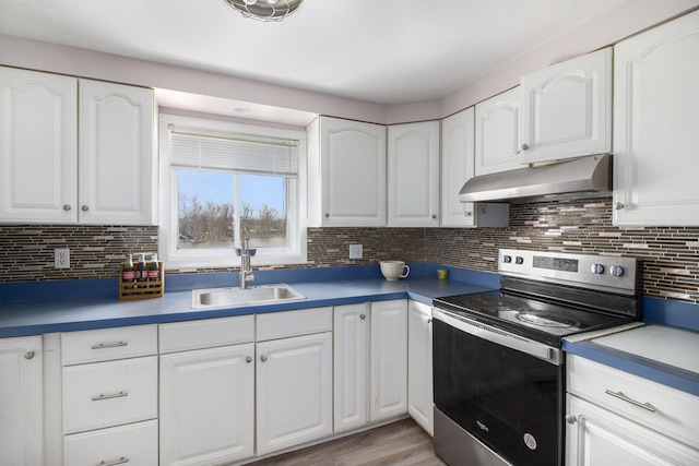 kitchen featuring white cabinets, stainless steel electric range oven, and sink