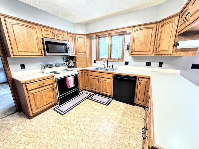 kitchen featuring dishwasher, a textured ceiling, white electric stove, and sink