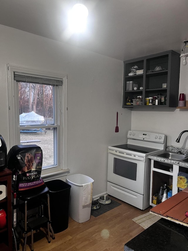 kitchen with sink, white electric stove, and dark wood-type flooring