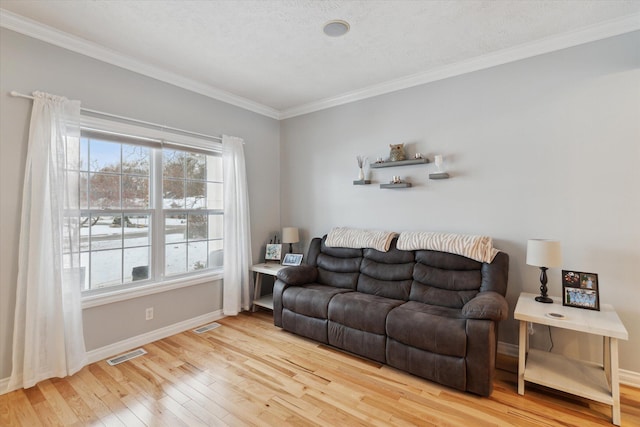 living room featuring crown molding, a textured ceiling, and hardwood / wood-style flooring