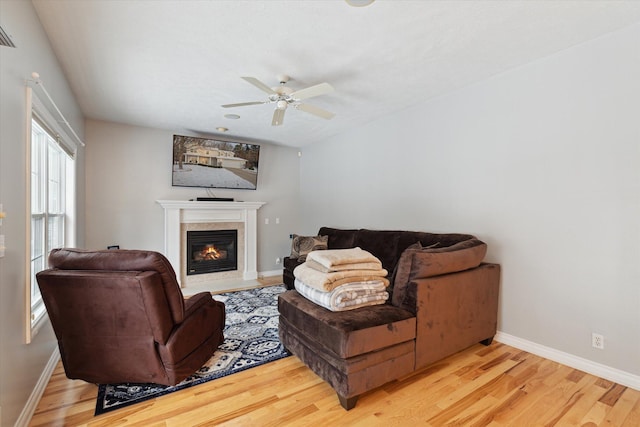 living room with ceiling fan and light hardwood / wood-style flooring