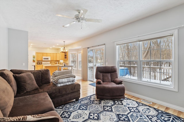 living room with ceiling fan with notable chandelier, a textured ceiling, and light wood-type flooring