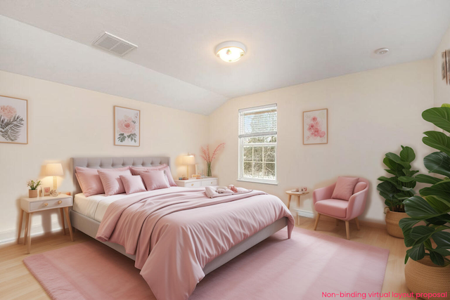 bedroom with light hardwood / wood-style flooring and vaulted ceiling