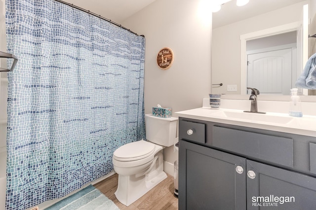 bathroom featuring hardwood / wood-style floors, vanity, toilet, and walk in shower