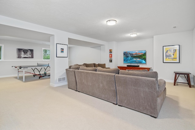 living room featuring a textured ceiling and carpet floors