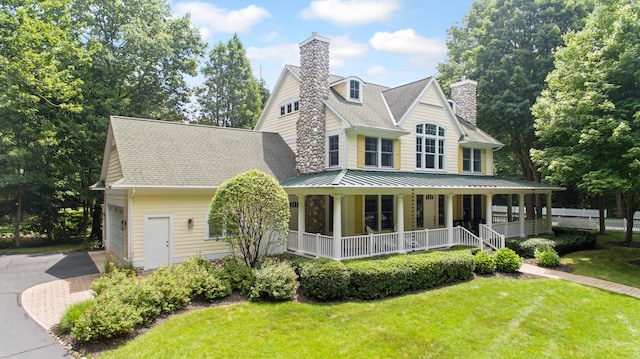 view of front of property featuring covered porch, a garage, and a front yard