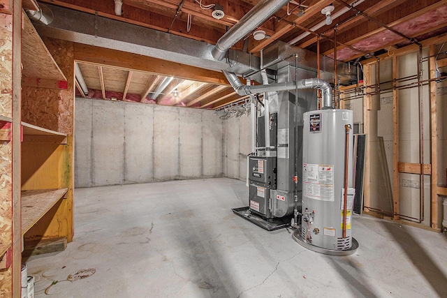 basement featuring heating unit and water heater