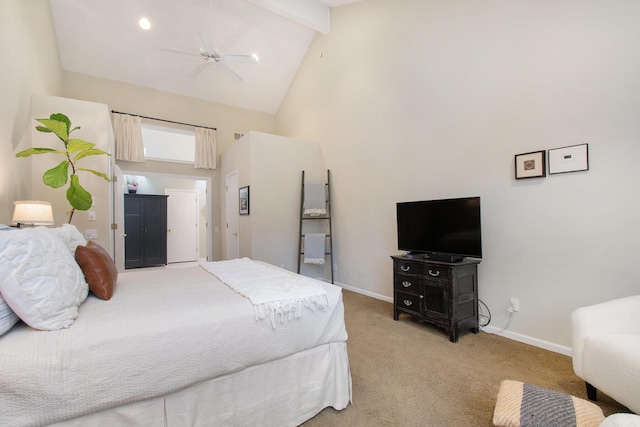 bedroom featuring light carpet, beam ceiling, and high vaulted ceiling