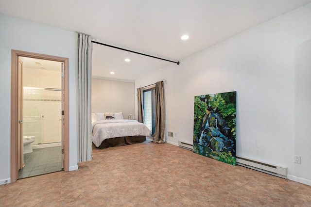 bedroom featuring ensuite bathroom and a baseboard radiator