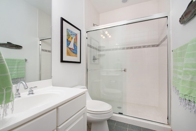 bathroom featuring walk in shower, tile patterned floors, vanity, and toilet