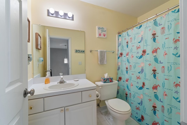 bathroom with tile patterned floors, vanity, toilet, and walk in shower