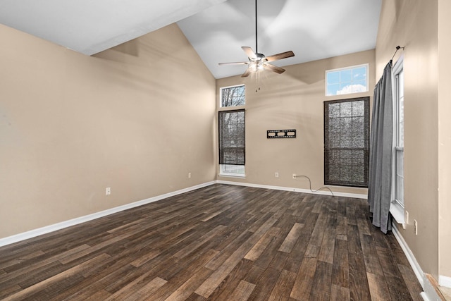 unfurnished room featuring ceiling fan, dark wood-type flooring, and high vaulted ceiling