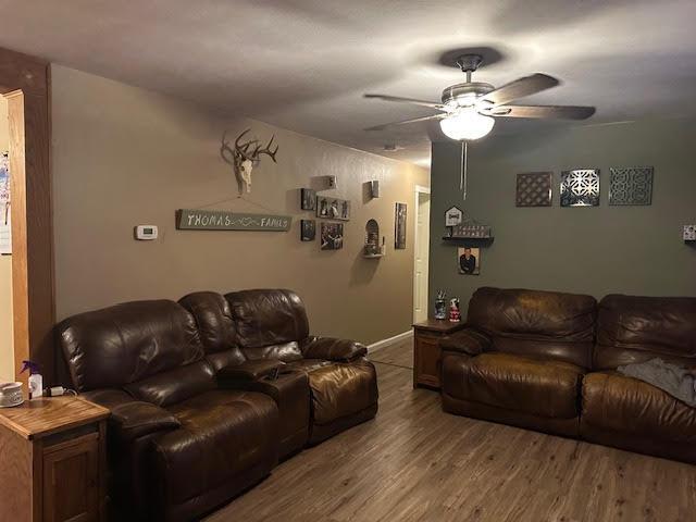 living room with hardwood / wood-style floors and ceiling fan